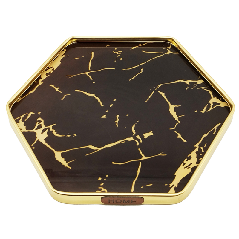 PLATEAU DECO METAL 29X29 CM MODELE OR DESIGN MIX MARBRE BLANC/NOIR