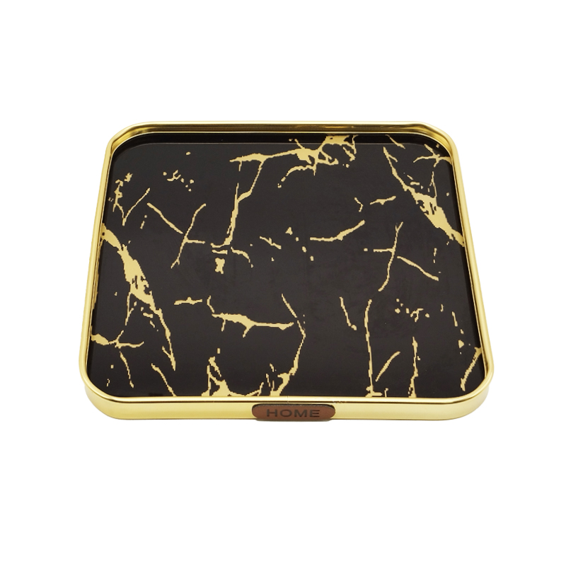 PLATEAU DECO METAL 20X20 CM MODELE OR DESIGN MIX MARBRE BLANC/NOIR