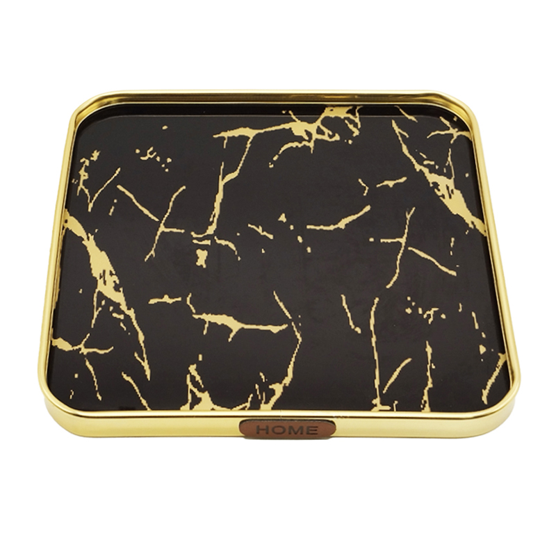 PLATEAU DECO METAL 25X25 CM MODELE OR DESIGN MIX MARBRE BLANC/NOIR