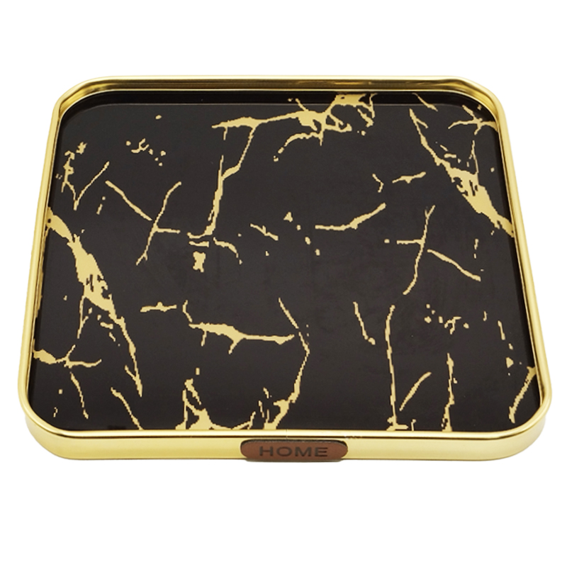 PLATEAU DECO METAL 29X29 CM MODELE OR DESIGN MIX MARBRE BLANC/NOIR