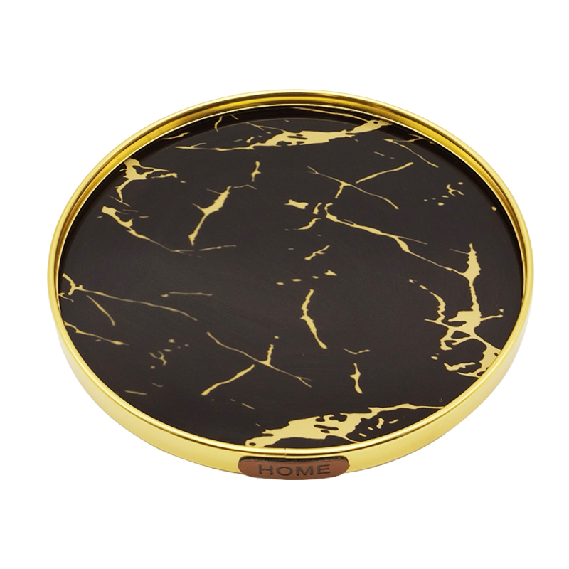 PLATEAU DECO METAL 25 CM MODELE OR DESIGN MIX MARBRE BLANC/NOIR
