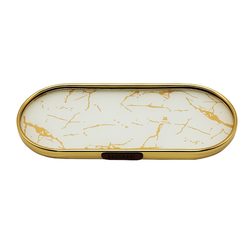 PLATEAU DECO METAL 35X12 CM MODELE OR DESIGN MIX MARBRE BLANC/NOIR