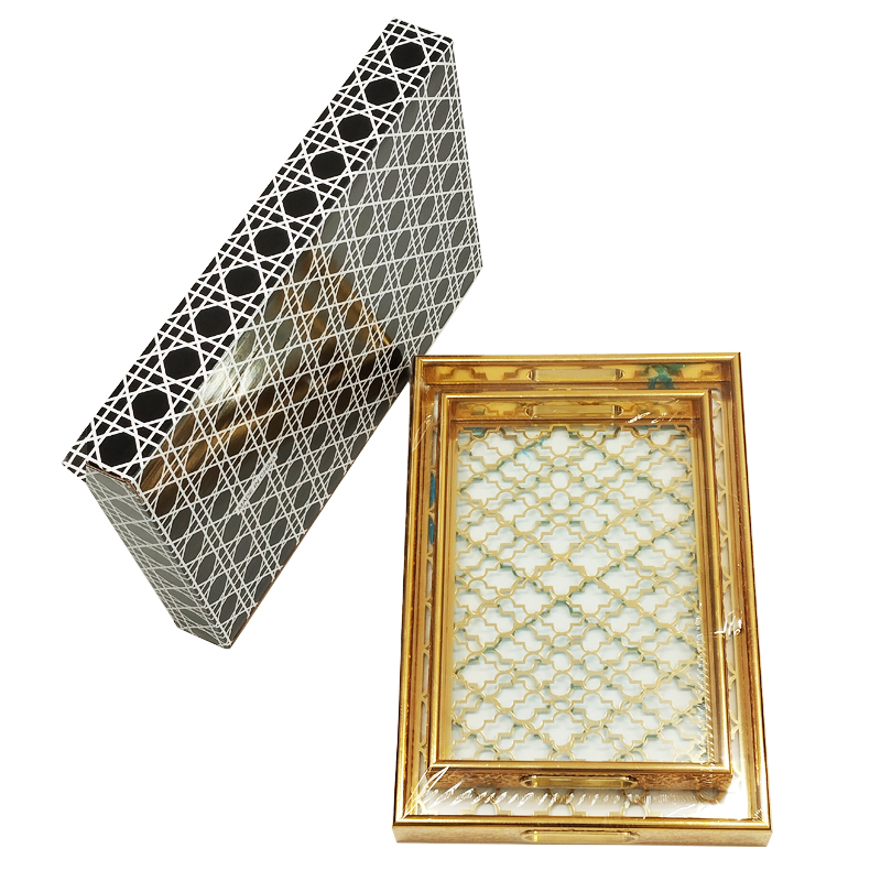 SET 2 PLATEAU DECO MDF + VERRE 40X28 CM &amp; 32X33 CM MODELE OR