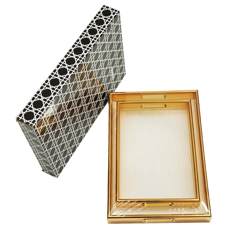 SET 2 PLATEAU DECO MDF + VERRE 40X28 CM &amp; 32X33 CM MODELE OR