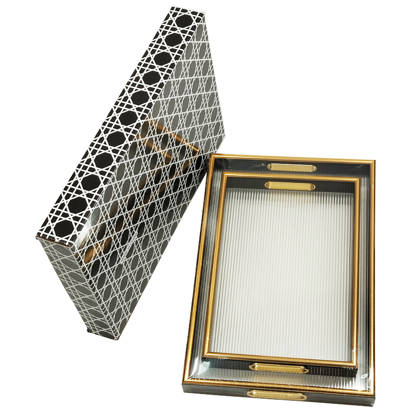 SET 2 PLATEAU DECO MDF + VERRE 40X28 CM &amp; 32X33 CM MIX MODELE NOIR/OR
