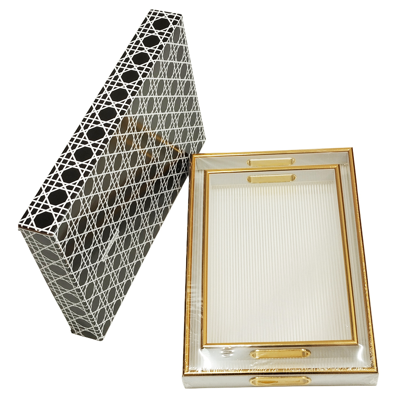SET 2 PLATEAU DECO MDF + VERRE 40X28 CM &amp; 32X33 CM MODELE BLANC