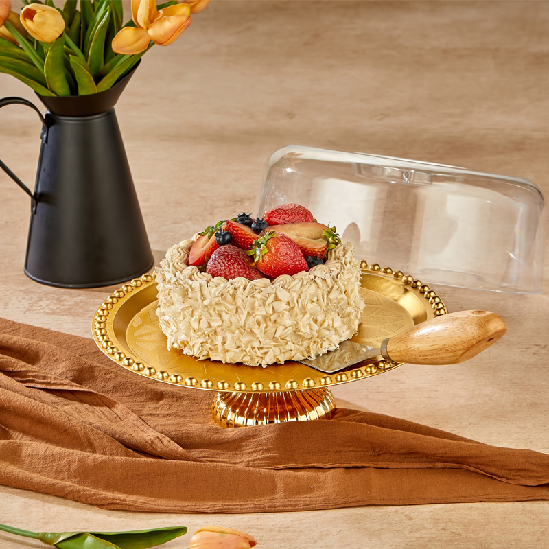 PORTE CAKE AVEC PIED 29X20 CM PLASTIQUE MODELE OR