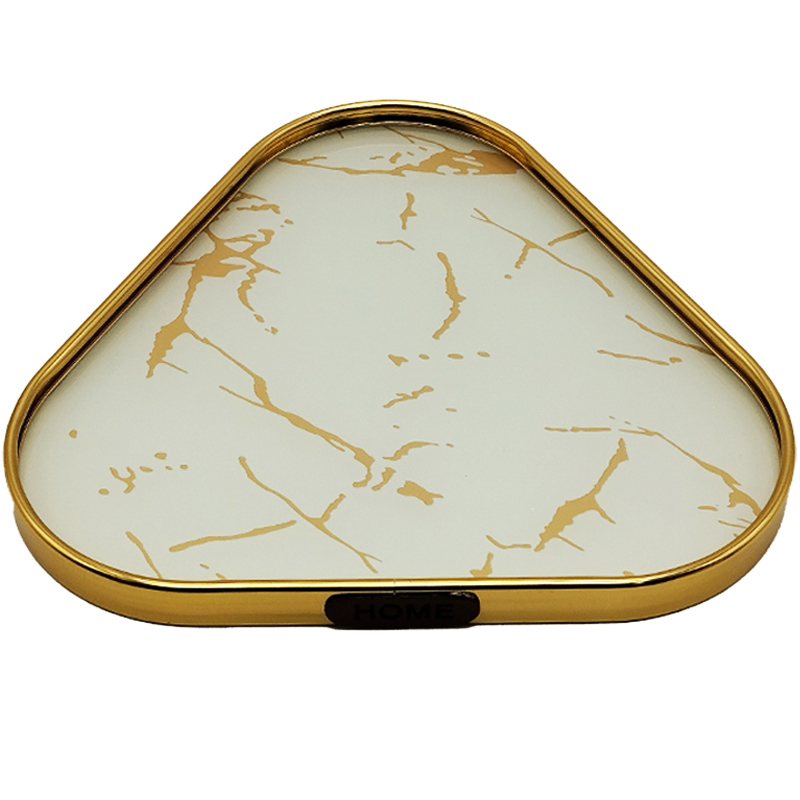 PLATEAU DECO METAL FORME TRIANGLE "HOME" 32X32 CM MODELE OR DESIGN MIXE MARBRE BLANC/NOIR