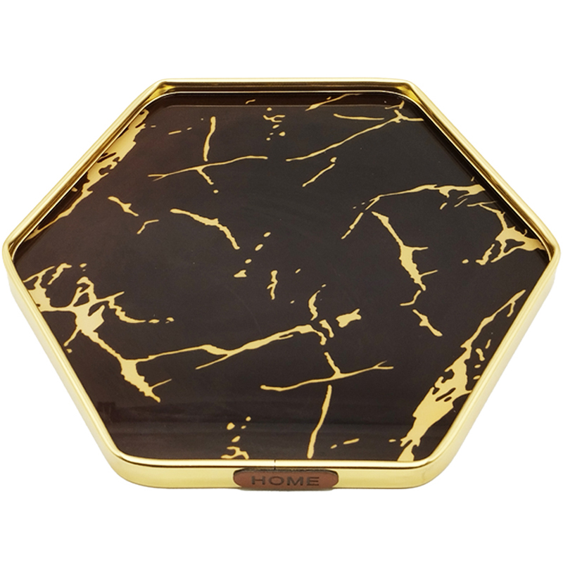 PLATEAU DECO METAL FORME OCTOGONE "HOME" 35X35 CM MODELE OR DESIGN MIXE MARBRE BLANC/NOIR