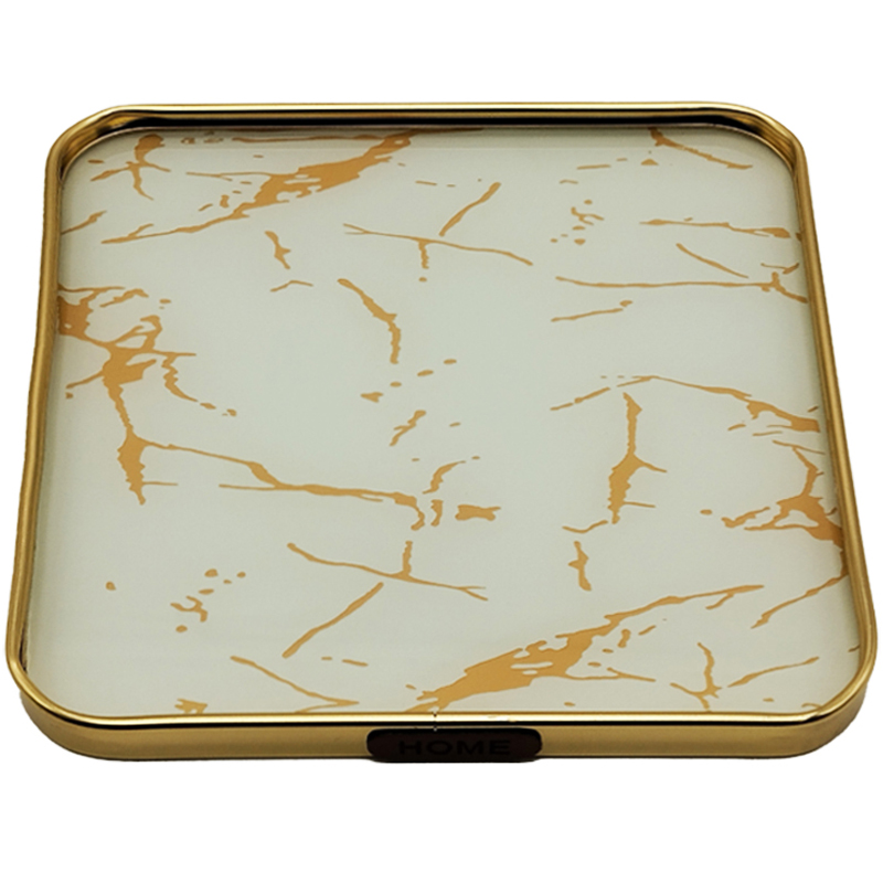 PLATEAU DECO METAL FORME CARRE "HOME" 35X35 CM MODELE OR DESIGN MIXE MARBRE BLANC/NOIR