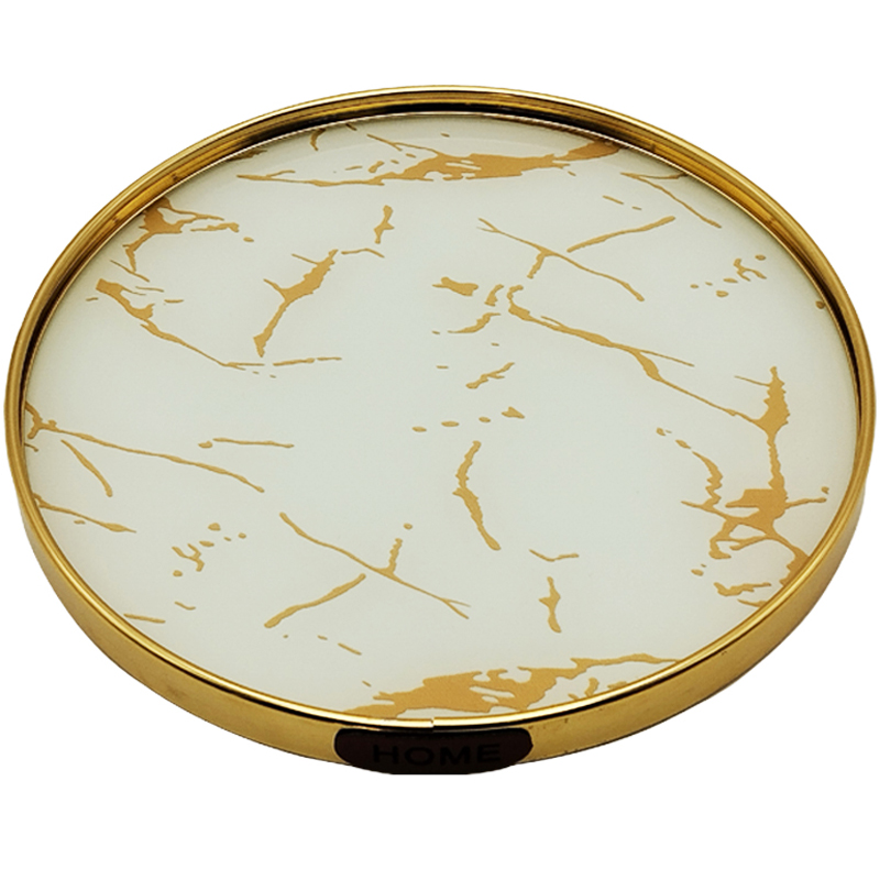 PLATEAU DECO METAL FORME ROND "HOME" 35 CM MODELE OR DESIGN MIXE MARBRE BLANC/NOIR