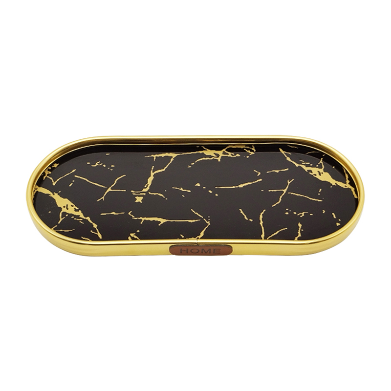 PLATEAU DECO METAL FORME RECTANGULAIRE BORD ROND 30X10 CM MODELE OR DESIGN MIXE MARBRE BLANC/NOIR