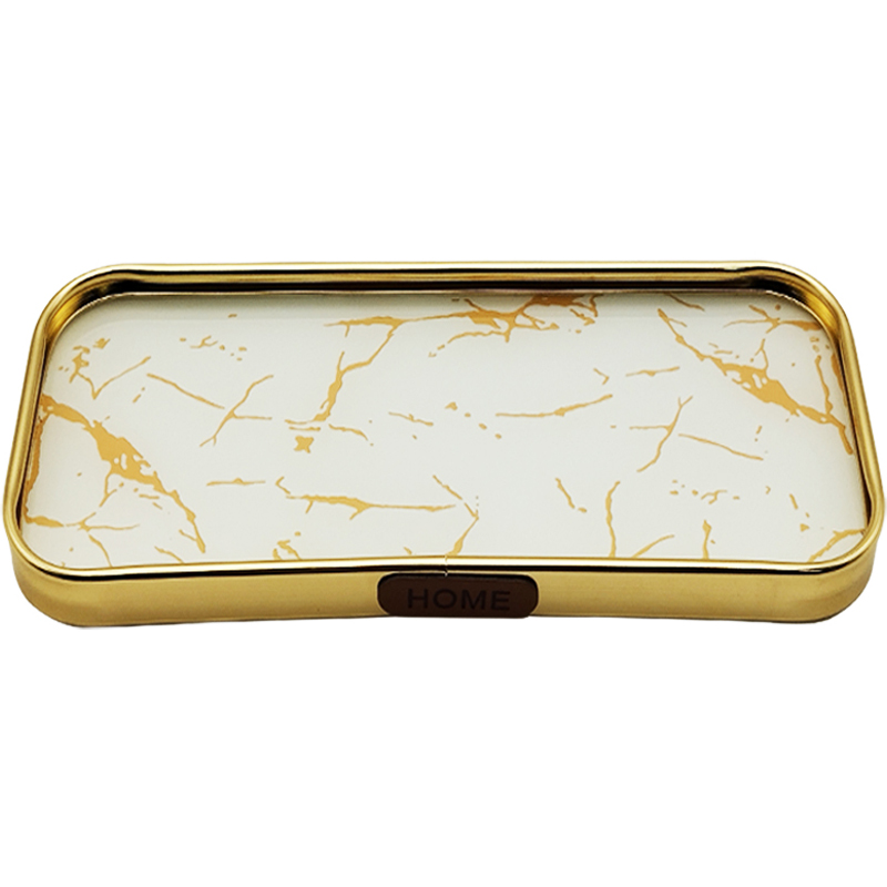 PLATEAU DECO METAL FORME RECTANGULAIRE 40X20 CM MODELE OR DESIGN MIX MARBRE BLANC/NOIR