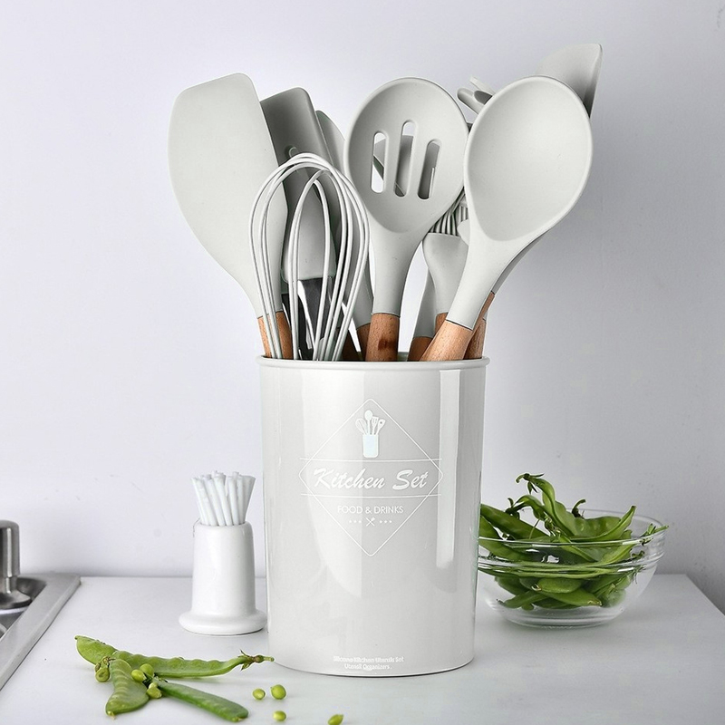 Set 12 pièces ustensiles de cuisine Bois &amp; Silicone mix couleur Noir / Gris / Blanc / Vert