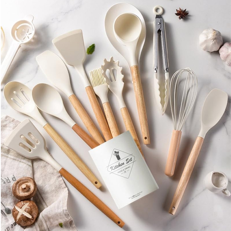 Set 12 pièces ustensiles de cuisine Bois &amp; Silicone mix couleur Noir / Gris / Blanc / Vert