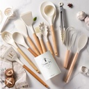 Set 12 pièces ustensiles de cuisine Bois &amp; Silicone mix couleur Noir / Gris / Blanc / Vert