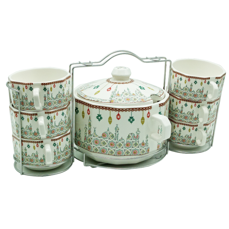 Set 15 pièces avec support métal (Soupière 20x13 cm + Bols 11x7 cm + Cuillères)