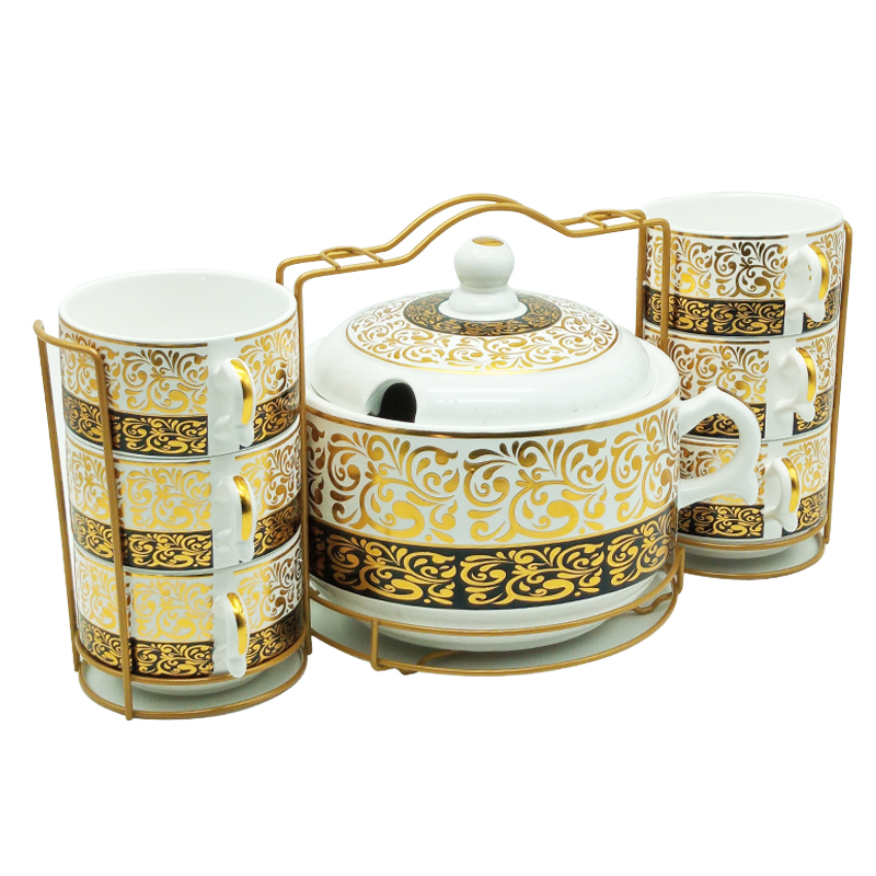 Set 15 pièces avec support métal (Soupière 20x13 cm + Bols 11x7 cm + Cuillères)