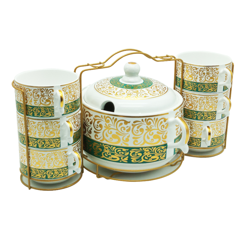 Set 15 pièces avec support métal (Soupière 20x13 cm + Bols 11x7 cm + Cuillères)