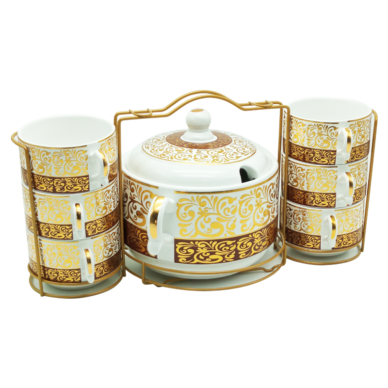 Set 15 pièces avec support métal (Soupière 20x13 cm + Bols 11x7 cm + Cuillères)