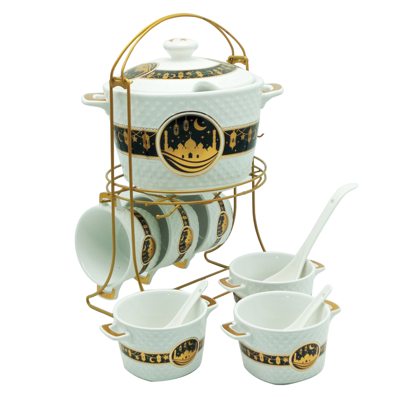 Set 15 pièces avec support métal (Soupière 20x13 cm + Bols 11x7 cm + Cuillères)