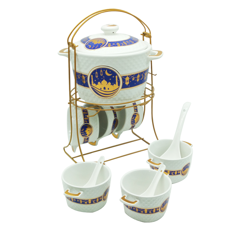 Set 15 pièces avec support métal (Soupière 20x13 cm + Bols 11x7 cm + Cuillères)