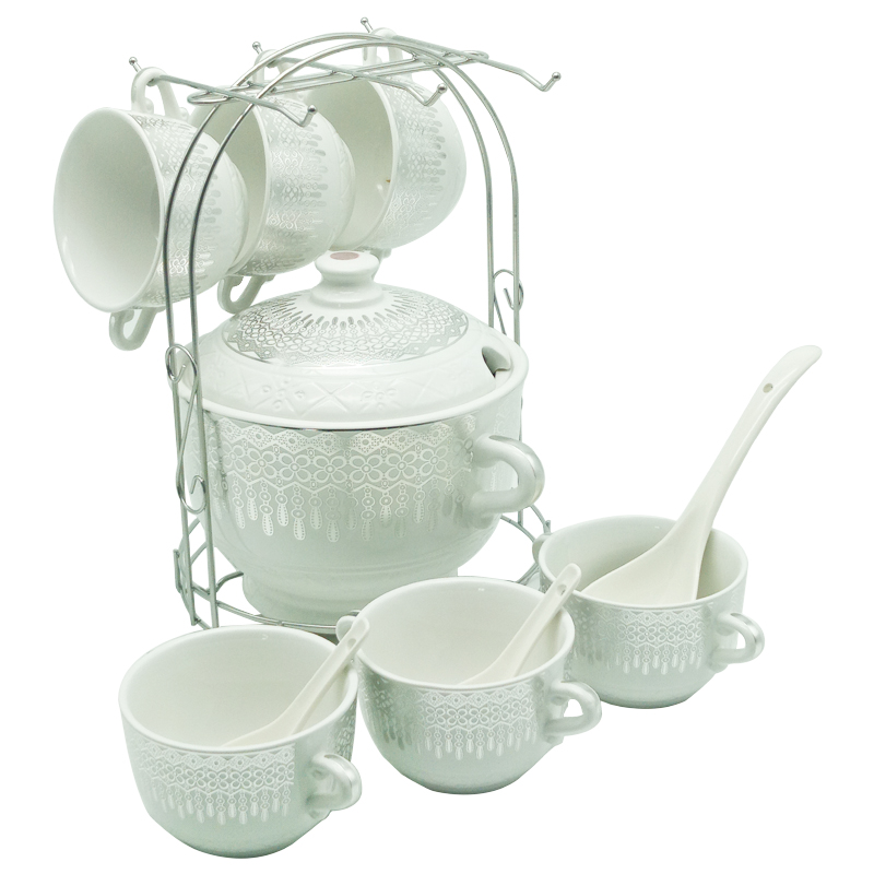 Set 15 pièces avec support métal (Soupière 20x13 cm + Bols 11x7 cm + Cuillères)