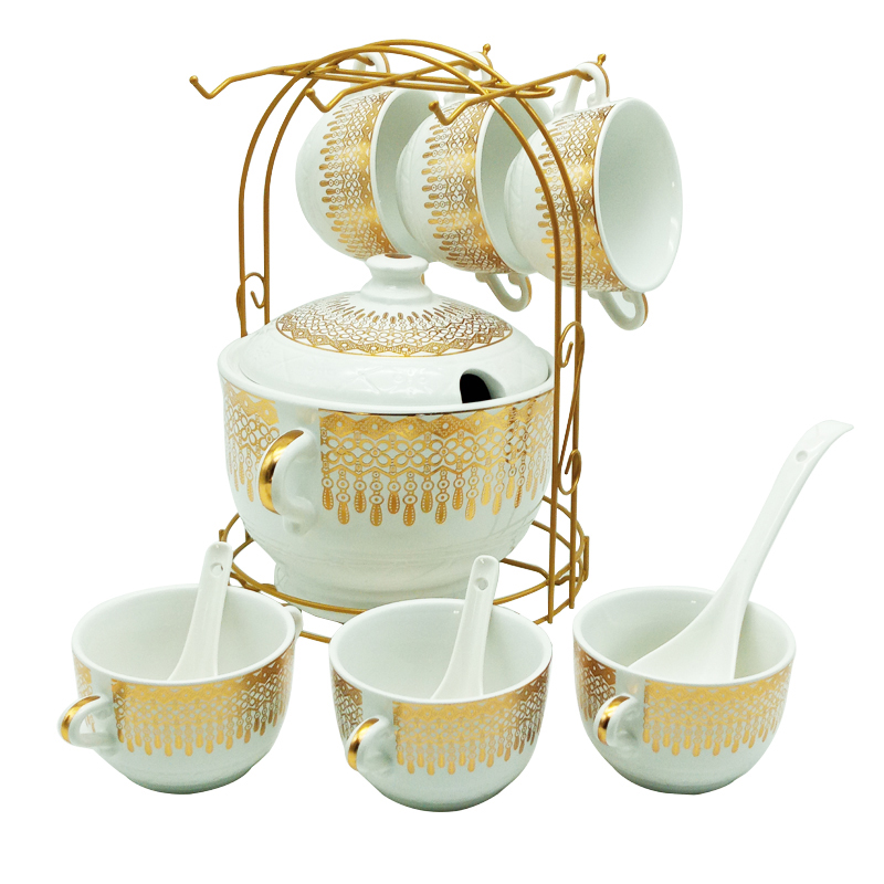 Set 15 pièces avec support métal (Soupière 20x13 cm + Bols 11x7 cm + Cuillères)