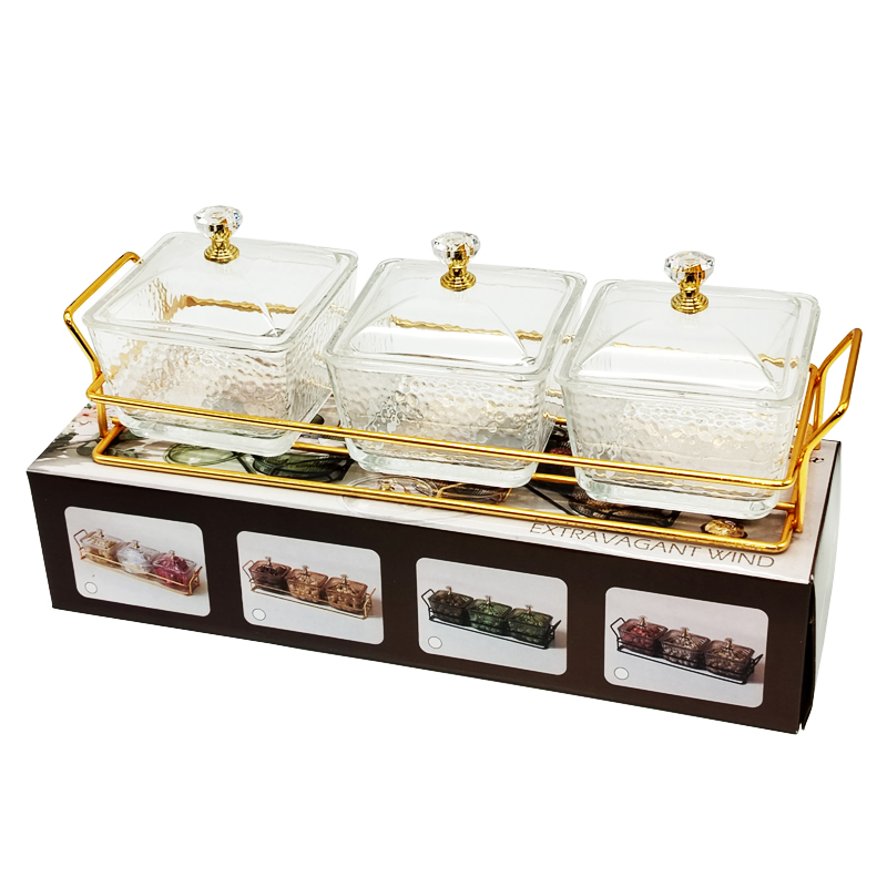 Service 3 bols en verre avec couvercle support metal en or 28x10 Cm