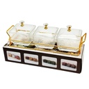 Service 3 bols en verre avec couvercle support metal en or 28x10 Cm