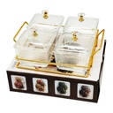 Service 4 bols en verre avec couvercle support metal en or 19x19 Cm