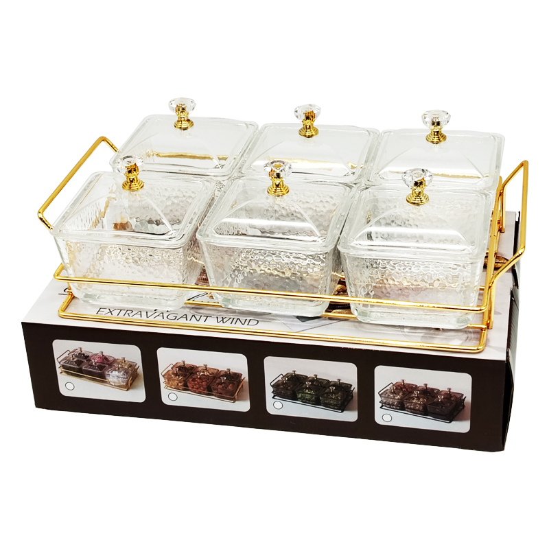 Service 6 bols en verre avec couvercle support metal en or 28x18,5 Cm