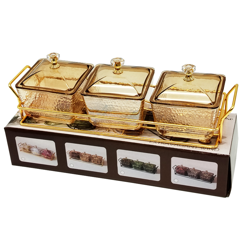 Service 3 bols en verre avec couvercle support metal en or 28x10 Cm