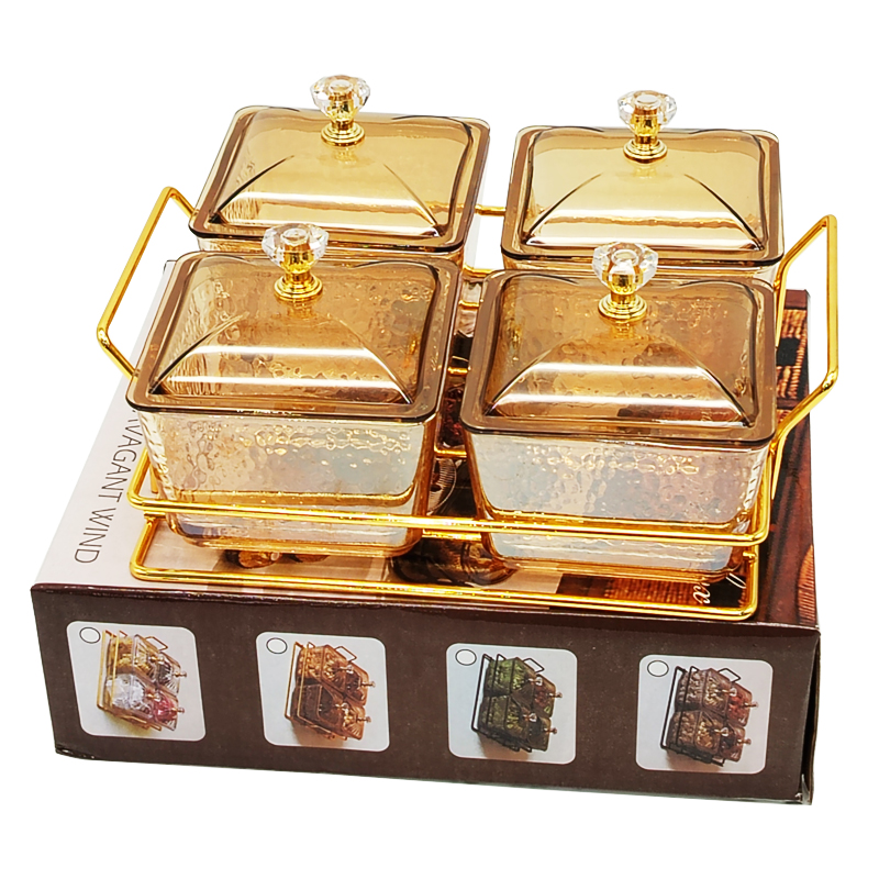 Service 4 bols en verre avec couvercle support metal en or 19x19 Cm