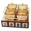 Service 4 bols en verre avec couvercle support metal en or 19x19 Cm