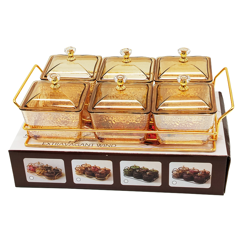 Service 6 bols en verre avec couvercle support metal en or 28x18,5 Cm