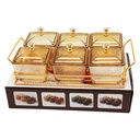 Service 6 bols en verre avec couvercle support metal en or 28x18,5 Cm