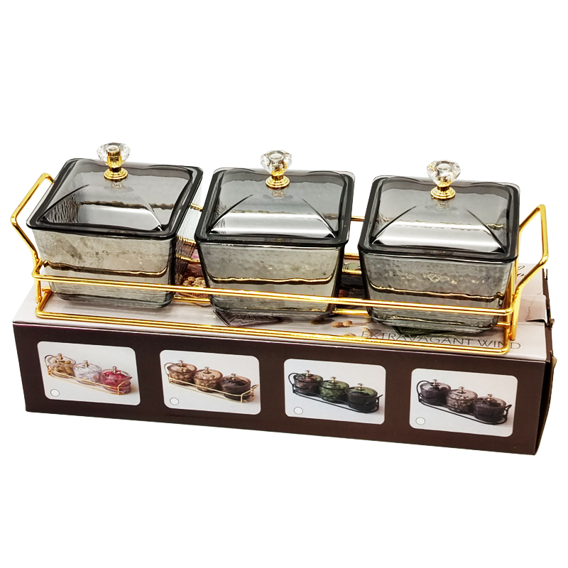 Service 3 bols en verre avec couvercle support metal en or 28x10 Cm
