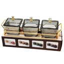 Service 3 bols en verre avec couvercle support metal en or 28x10 Cm
