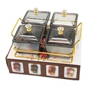 Service 4 bols en verre avec couvercle support metal en or 19x19 Cm