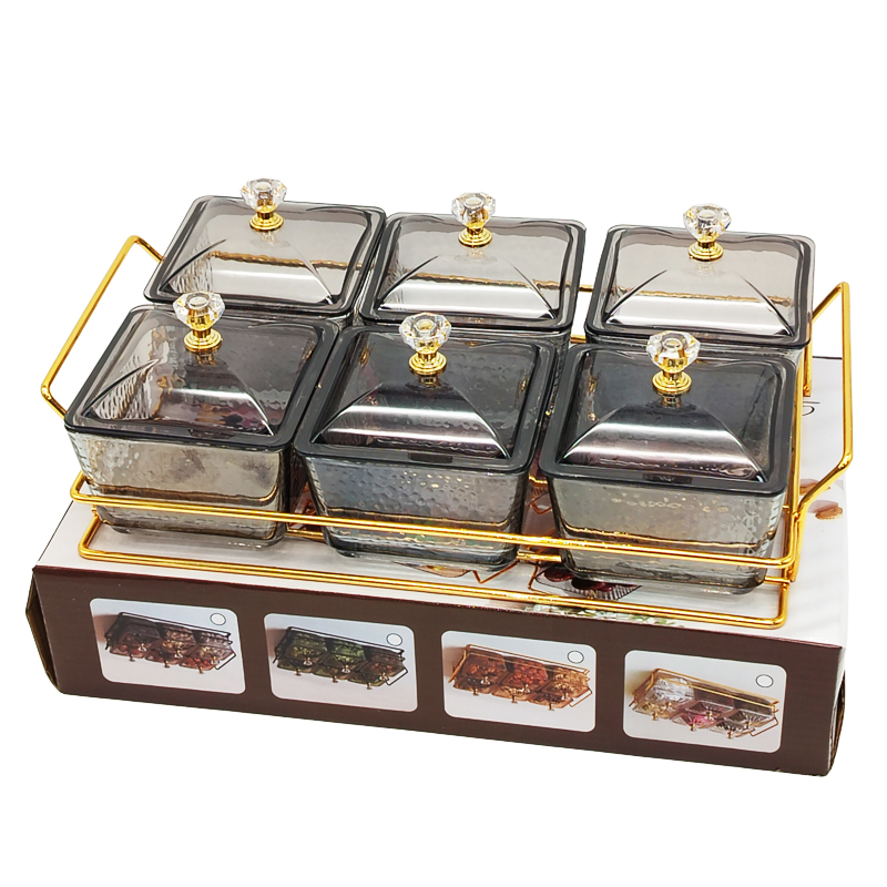 Service 6 bols en verre avec couvercle support metal en or 28x18,5 Cm