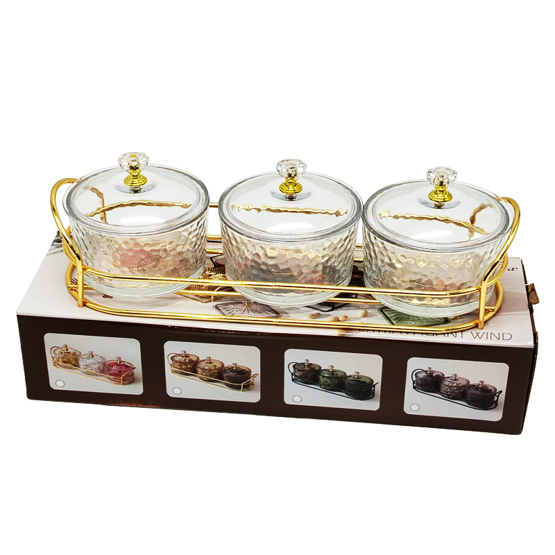 Service 3 bols en verre avec couvercle support metal en or 28x10 Cm