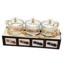Service 3 bols en verre avec couvercle support metal en or 28x10 Cm