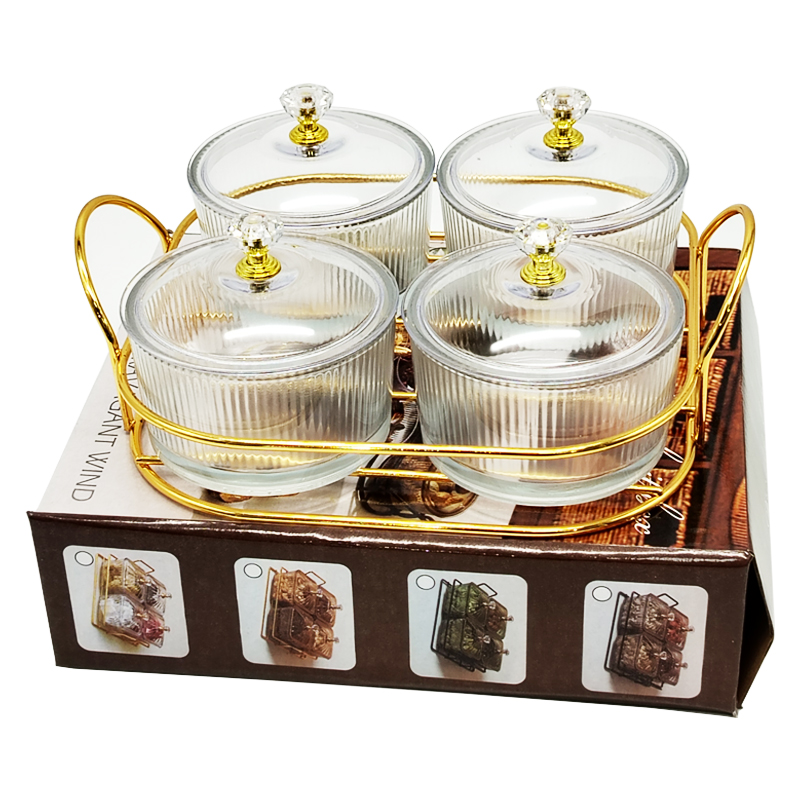 Service 4 bols en verre avec couvercle support metal en or 19x19 Cm