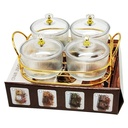 Service 4 bols en verre avec couvercle support metal en or 19x19 Cm
