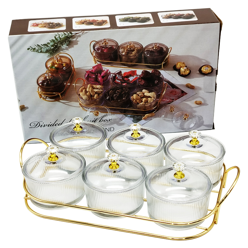 Service 6 bols en verre avec couvercle support metal en or 28x18,5 Cm