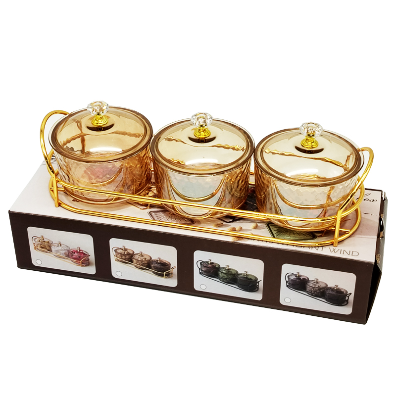 Service 3 bols en verre avec couvercle support metal en or 28x10 Cm