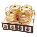 Service 4 bols en verre avec couvercle support metal en or 19x19 Cm