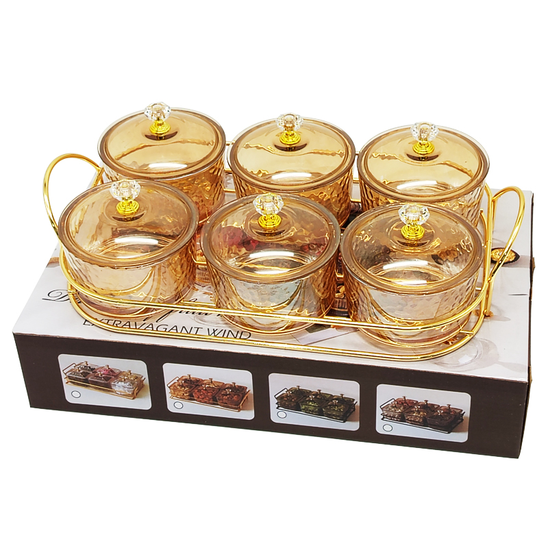 Service 6 bols en verre avec couvercle support metal en or 28x18,5 Cm