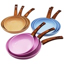 SET 3 POELES 28 / 24 / 20 CM COULEURS MIX BLEU / VIOLET / MARRON